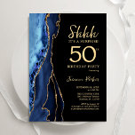 Invitación Agato de oro negro azul marino sorprende 50 cumple<br><div class="desc">La ágata azul marino, negro y dorado sorprende la invitación a la fiesta de cumpleaños número 50. Elegante diseño moderno con acuarela azul real agate mármol fondo geodésico, oro falso purpurina y letra de escritura tipográfica. La carta de invitación de moda es perfecta para una elegante celebración del cumpleaños de...</div>