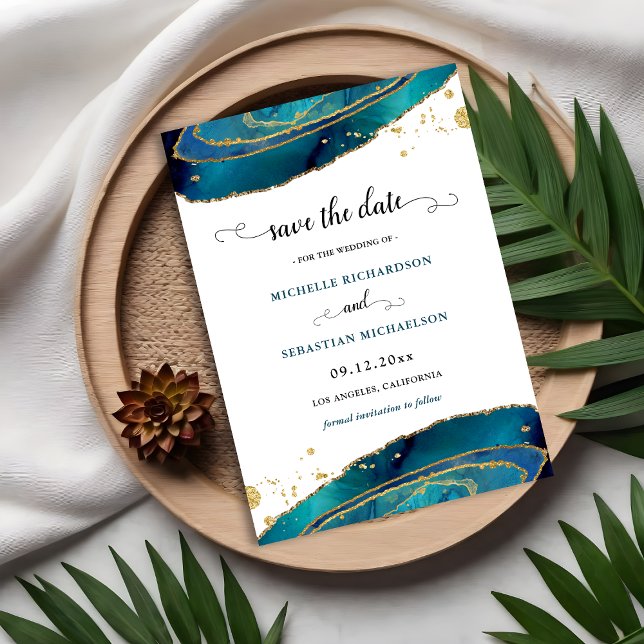 Invitación Agato de oro verde azulado Guardar la fecha (Teal Gold Agate Save The Date Invitation)