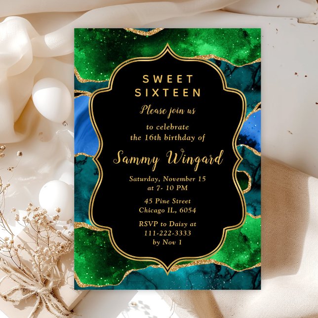 Invitación Agato de pavo real azul y verde dulce dieciséis (Subido por el creador)