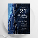 Invitación Agato de plata azul de la marina 21º cumpleaños<br><div class="desc">Invitación a la fiesta de cumpleaños número 21 de azul marino y plata. Elegante diseño moderno con acuarela azul real agate mármol fondo geodésico, plateado falso purpurina y tipografía tipo letra de guión. La carta de invitación de moda es perfecta para una elegante celebración del cumpleaños de las mujeres. Invitaciones...</div>