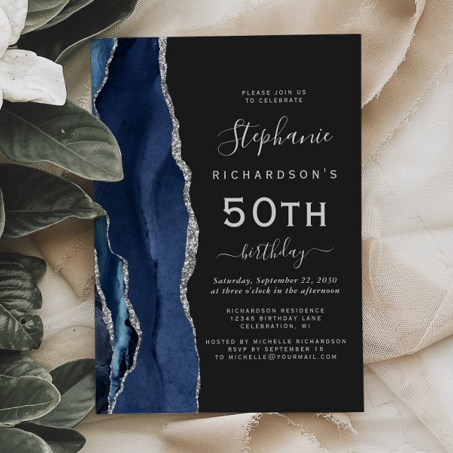 Invitación Agato de plata azul de la marina Oscuro 50 cumplea (Subido por el creador)