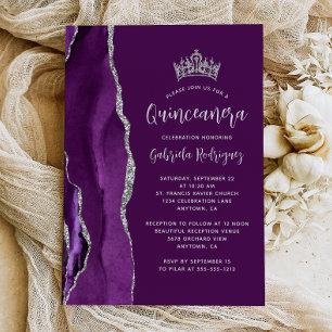 Invitación Agato de plata de ciruela púrpura Quinceañera