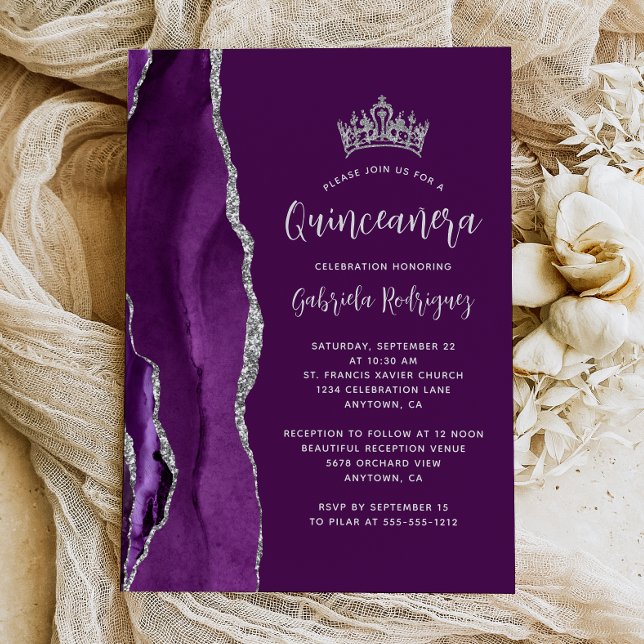 Invitación Agato de plata de ciruela púrpura Quinceañera (Subido por el creador)