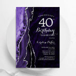 Invitación Agato de plata morada 40 cumpleaños<br><div class="desc">Invitación a la fiesta de cumpleaños 40 años morado y plata. Elegante diseño moderno con fondo geodésico de mármol agate acuarela, letra falsa purpurina plateada y tipografía. La carta de invitación de moda es perfecta para una elegante celebración del cumpleaños de las mujeres. Invitaciones Zazzle impresas o una plantilla imprimible...</div>