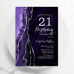 Invitación Agato de plata morada cumpleaños número 21<br><div class="desc">Invitación a la fiesta de cumpleaños 21 de la ágata morada y plata. Elegante diseño moderno con fondo geodésico de mármol agate acuarela, letra falsa purpurina plateada y tipografía. La carta de invitación de moda es perfecta para una elegante celebración del cumpleaños de las mujeres. Invitaciones Zazzle impresas o una...</div>