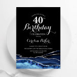Invitación Agato de plata negra azul marino 40 cumpleaños<br><div class="desc">Invitación a la fiesta de cumpleaños número 40 en azul marino, negro y plata. Elegante diseño moderno con acuarela azul real agate mármol fondo geodésico, plateado falso purpurina y tipografía tipo letra de guión. La carta de invitación de moda es perfecta para una elegante celebración del cumpleaños de las mujeres....</div>