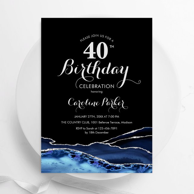 Invitación Agato de plata negra azul marino 40 cumpleaños (Subido por el creador)