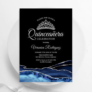 Invitación Agato de plata negra azul marino Quinceanera