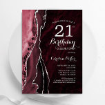 Invitación Agato de plata roja de Borgoña 21 cumpleaños<br><div class="desc">Invitación a la fiesta de cumpleaños 21 de Borgoña y plata. Elegante diseño moderno con marsala de color rojo oscuro agate el fondo geodésico de mármol, letra falsa purpurina plateada y tipografía de escritura. La carta de invitación de moda es perfecta para una elegante celebración del cumpleaños de las mujeres....</div>