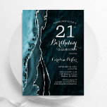 Invitación Agato de plata verde azulado 21º cumpleaños<br><div class="desc">Invitación a la fiesta de cumpleaños 21ª, verde azulada y de plata. Elegante diseño moderno con una acuarela azul turquesa con fondo geodésico de mármol, purpurina falso plateado y letra de escritura tipográfica. La carta de invitación de moda es perfecta para una elegante celebración del cumpleaños de las mujeres. Invitaciones...</div>