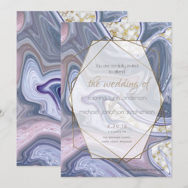 Invitación Agato Rosa morado marbleizado Boda moderno (Anverso / Reverso)