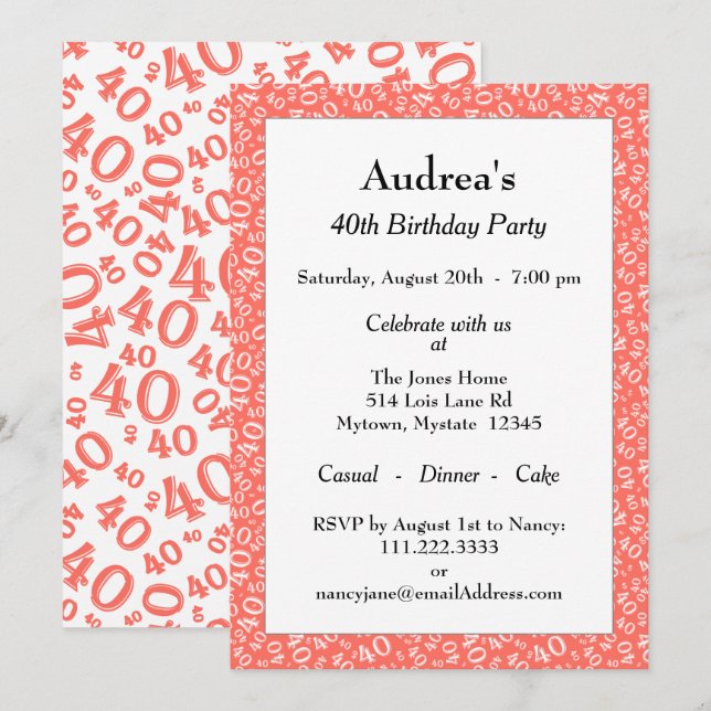 Invitación Age 40 Random Number Pattern Coral/White 40th (Anverso / Reverso)