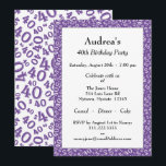 Invitación Age 40 Random Number Pattern Purple/White 40th<br><div class="desc">Milestone number 40: Send personalized purple and white birthday party invitations to celebrate the over-the-hill 40th birthday of someone special. The 40th party theme on the back is a number pattern with the purple milestone number 40 scattered in a random pattern, in varied sizes and angles, over a white background....</div>