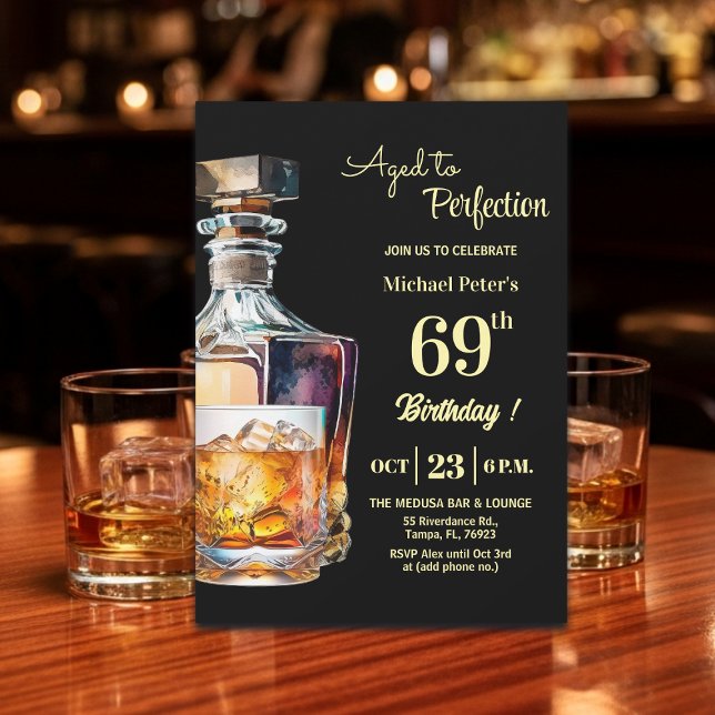 Invitación Aged to Perfection Men 69th Whiskey Birthday  (Subido por el creador)