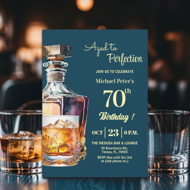 Invitación Aged to Perfection Men 70th Whiskey Birthday  (Subido por el creador)