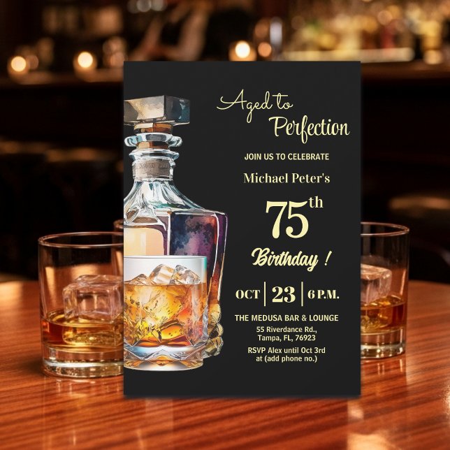 Invitación Aged to Perfection Men 75th Whiskey Birthday  (Subido por el creador)