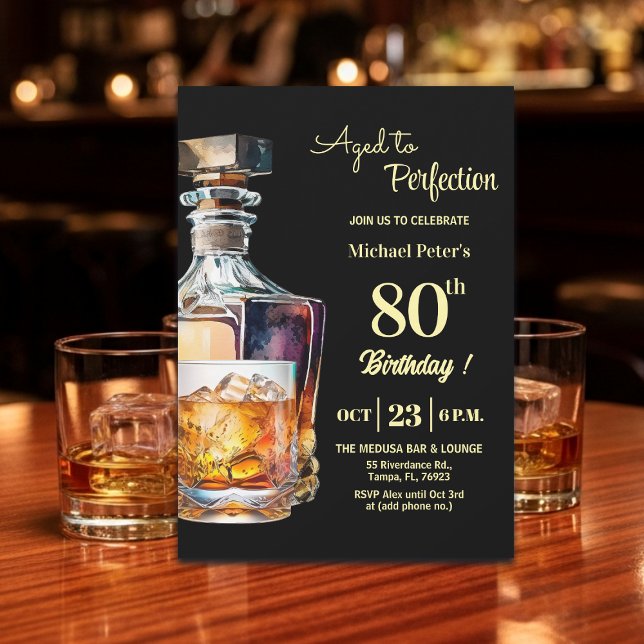 Invitación Aged to Perfection Men 80th Whiskey Birthday  (Subido por el creador)
