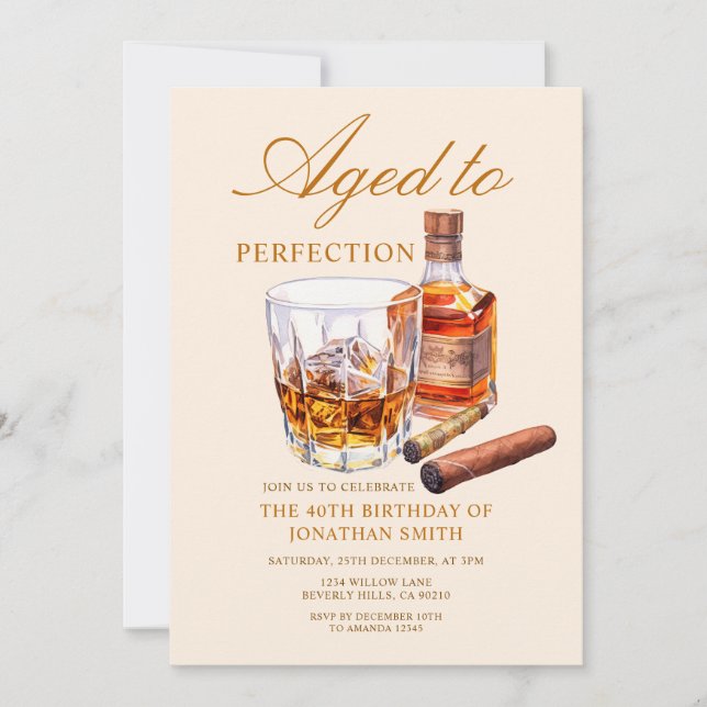 Invitación Aged to Perfection Whiskey Adult Birthday Party (Anverso)
