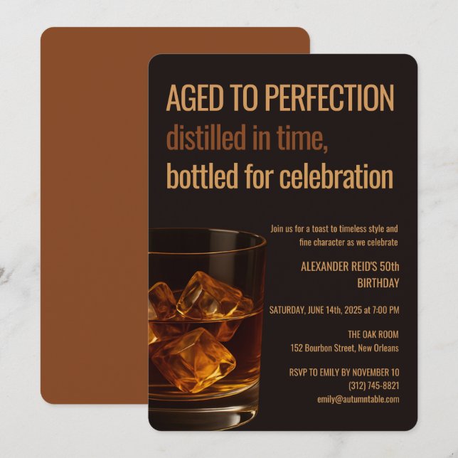 Invitación Aged to Perfection | Whisky Birthday (Anverso / Reverso)