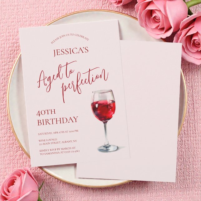 Invitación Aged to Perfection Wine Pink 40th Birthday Party (Aged to Perfection Wine Pink 40th Birthday Party Invitation)
