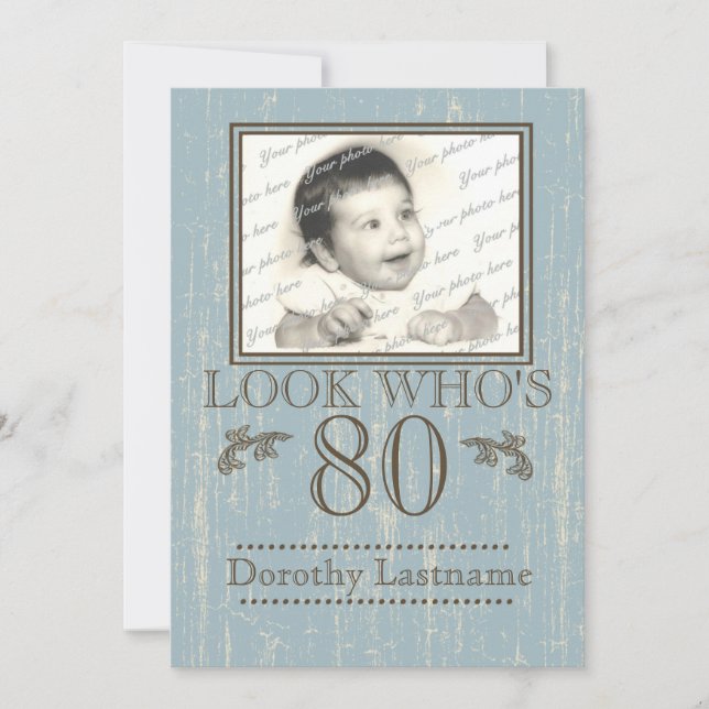 Invitación Aged Wood 80th Birthday Photo Blue (Anverso)