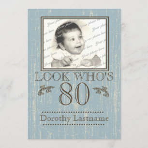 Invitación Aged Wood 80th Birthday Photo Blue
