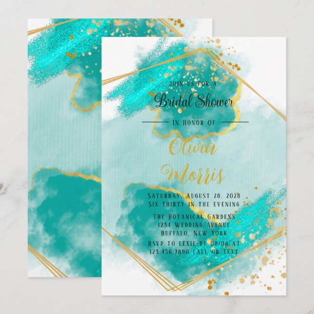 Invitación Agitar la ducha Verde azulada y oro geométrice de  (Anverso / Reverso)