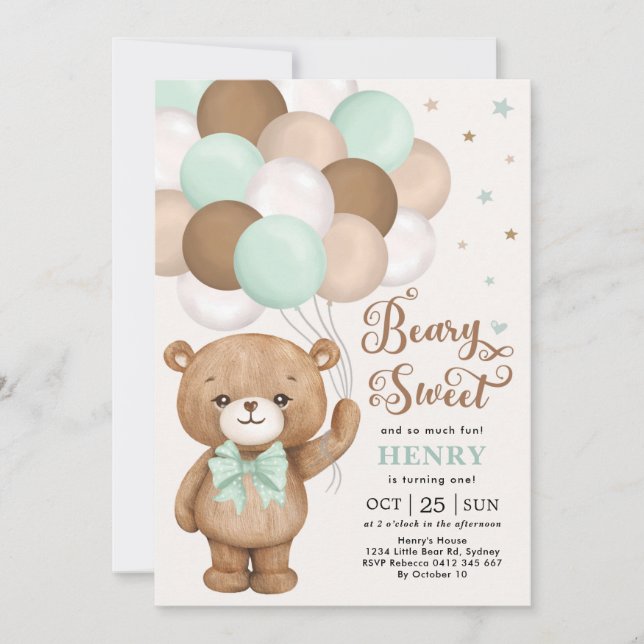 Invitación Agosto de peluche marrón verde con globos cumpleañ (Anverso)