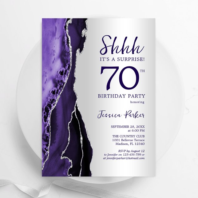 Invitación Agosto Púrpura Plateado Sorpresa 70 cumpleaños (Subido por el creador)