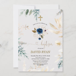 Invitación Agradable acuarela Floral Azul Bautismo de oro