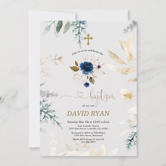 Invitación Agradable acuarela Floral Azul Bautismo de oro (Anverso)