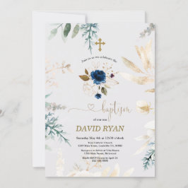 Invitación Agradable acuarela Floral Azul Bautismo de oro