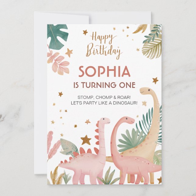 Invitación Agradable Dino Rosa (Anverso)