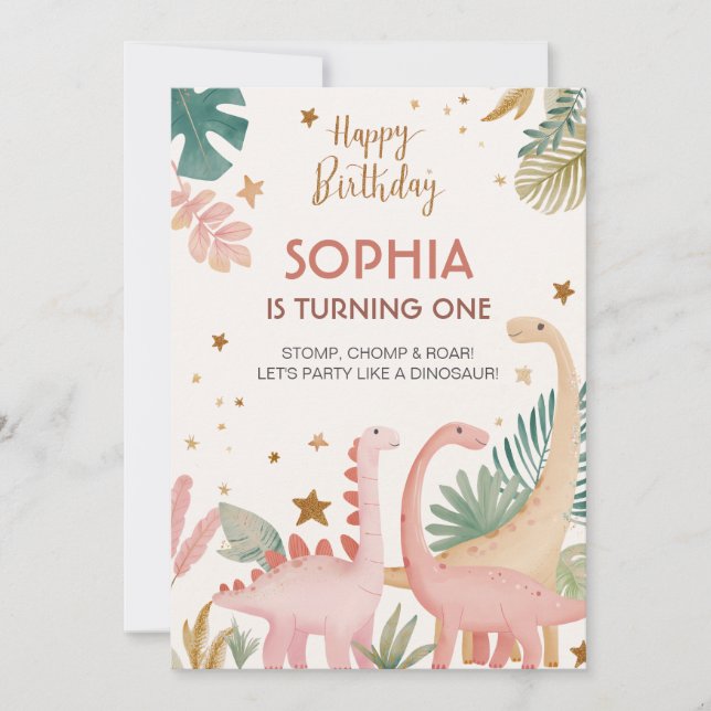 Invitación Agradable Dino Rosa (Anverso)