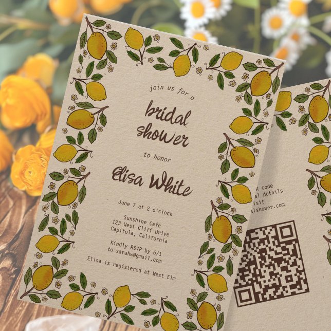 Invitación Agradable PERSONALIZADO Lemons QR Code Kraft BRIDA (Lovely Lemons CUSTOM QR Code Kraft BRIDAL SHOWER Invitation
Rustic Charming Fruit Summer)