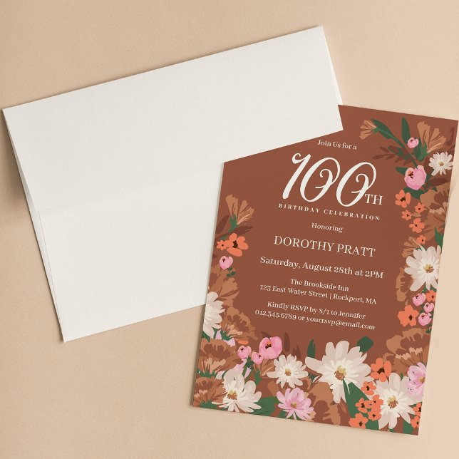 Invitación Agradable Terracotta Fall Floral 100 cumpleaños (Subido por el creador)