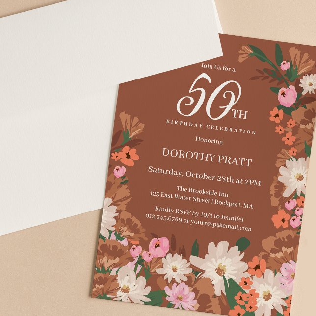 Invitación Agradable Terracotta Fall Floral 50 cumpleaños (Subido por el creador)