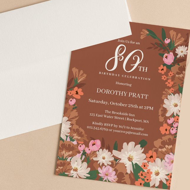Invitación Agradable Terracotta Fall Floral 80 cumpleaños (Subido por el creador)