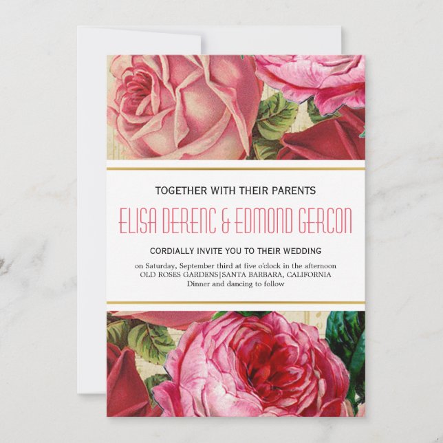 Invitación Agradables rosas de cosecha rosa boda de flores (Anverso)
