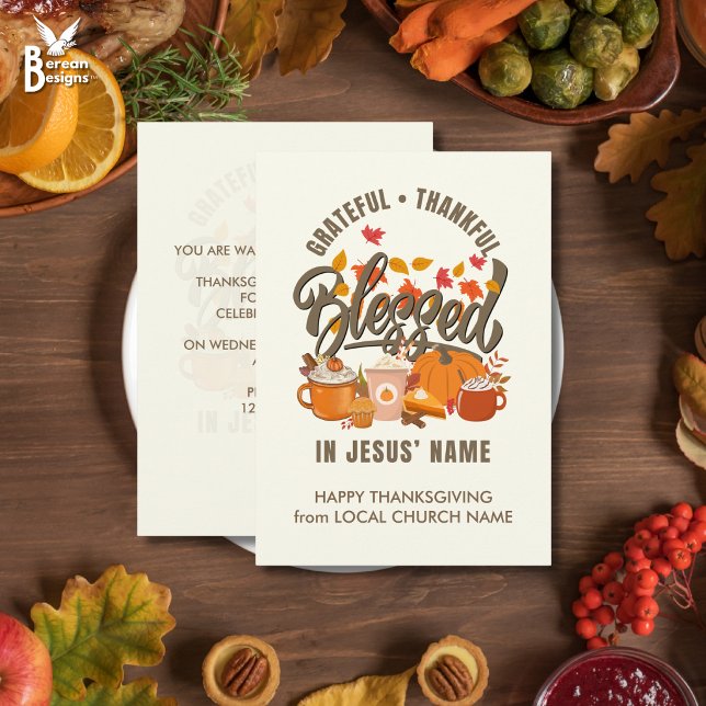 Invitación AGRADECIDO AGRADECIDO BENDITO Víspera de Acción de (GRATEFUL THANKFUL BLESSED Church Thanksgiving Service and Dinner invitation)
