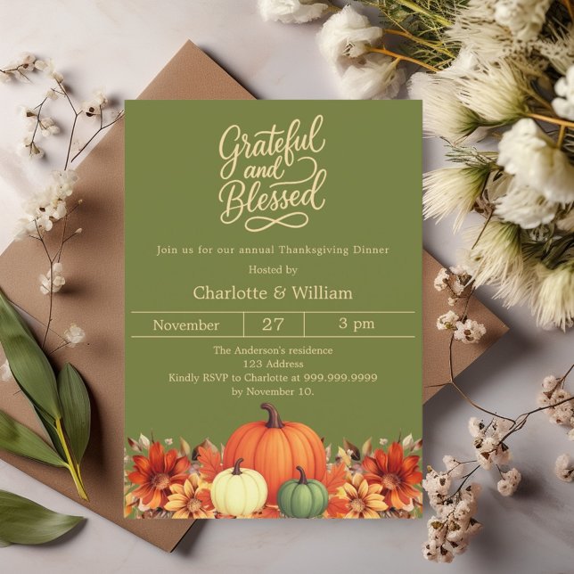 Invitación Agradecido bollo verde musgo Acción de Gracias (Subido por el creador)