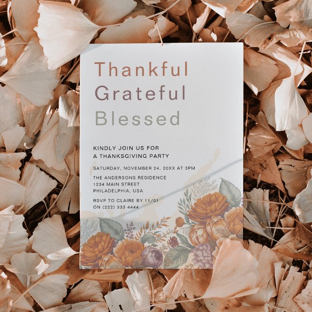 Invitación Agradecido Fiesta de Acción de Gracias (Rustic Fall Autumn Watercolor Floral Thankful Grateful Blessed Thanksgiving Party Dinner Invitation)