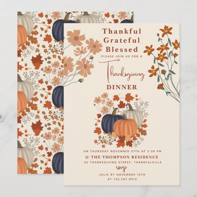 Invitación Agradecidos y agradecidos Día de Acción de Gracias (Anverso / Reverso)