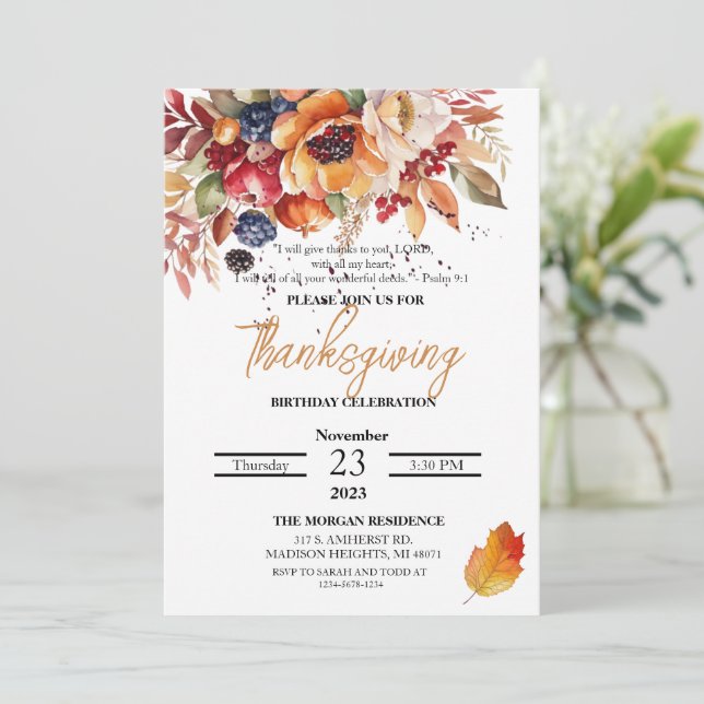 Invitación Agradecimiento Cumpleaños Verso Flor Acuarela (Anverso de pie)