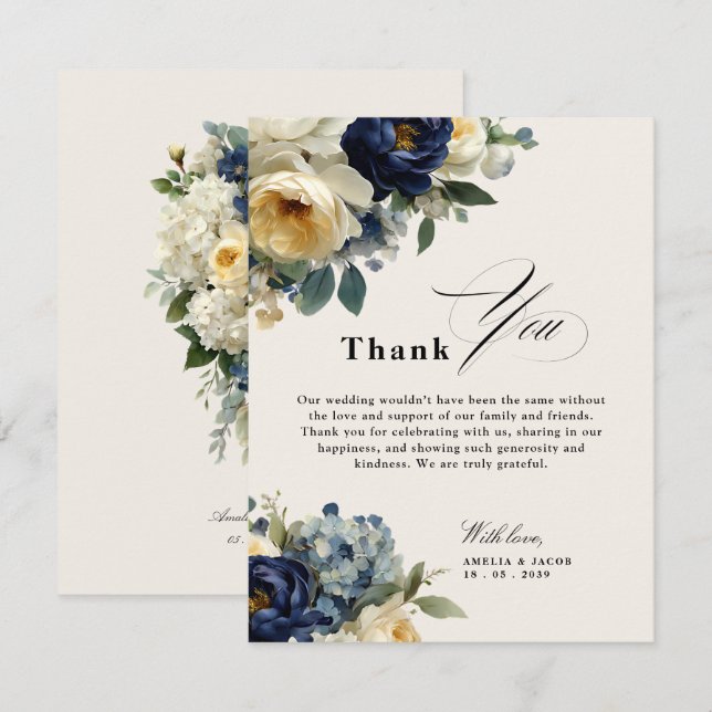 Invitación Agradecimiento de boda de flores azules marino y p (Anverso / Reverso)