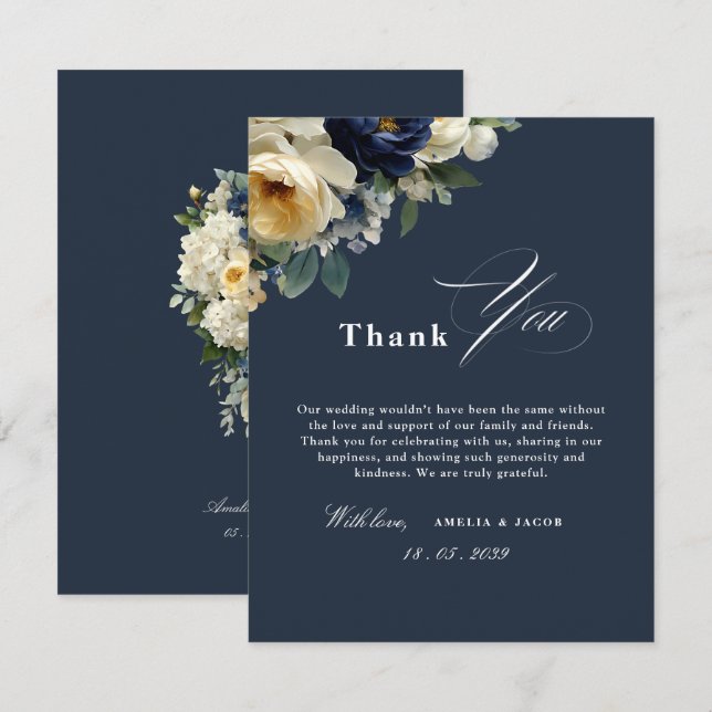 Invitación Agradecimiento de Boda de Flores Azules y Peonías (Anverso / Reverso)