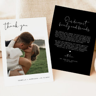 Invitación Agradecimiento de boda de foto moderna negra con e