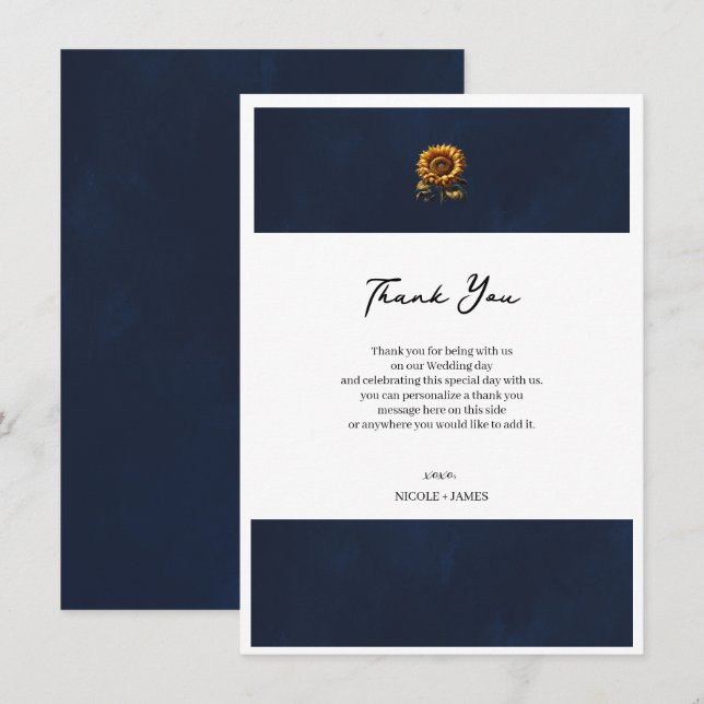 Invitación Agradecimiento de Boda de Girasol Rústico Azul (Anverso / Reverso)