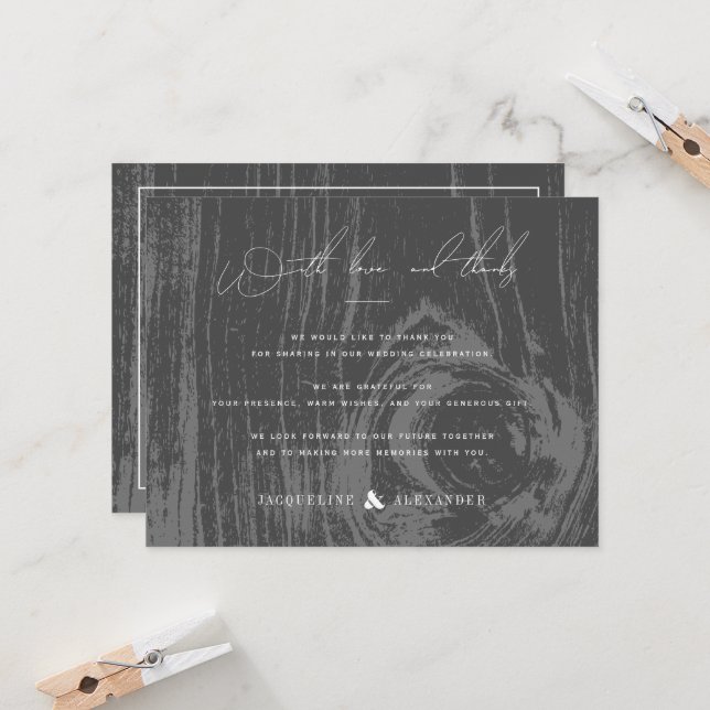 Invitación Agradecimiento de boda de invierno de madera rústi (Anverso/Reverso In Situ)
