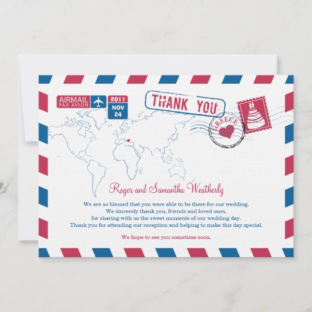 Invitación Agradecimiento de Boda por Correo Aéreo de Grecia (Anverso)